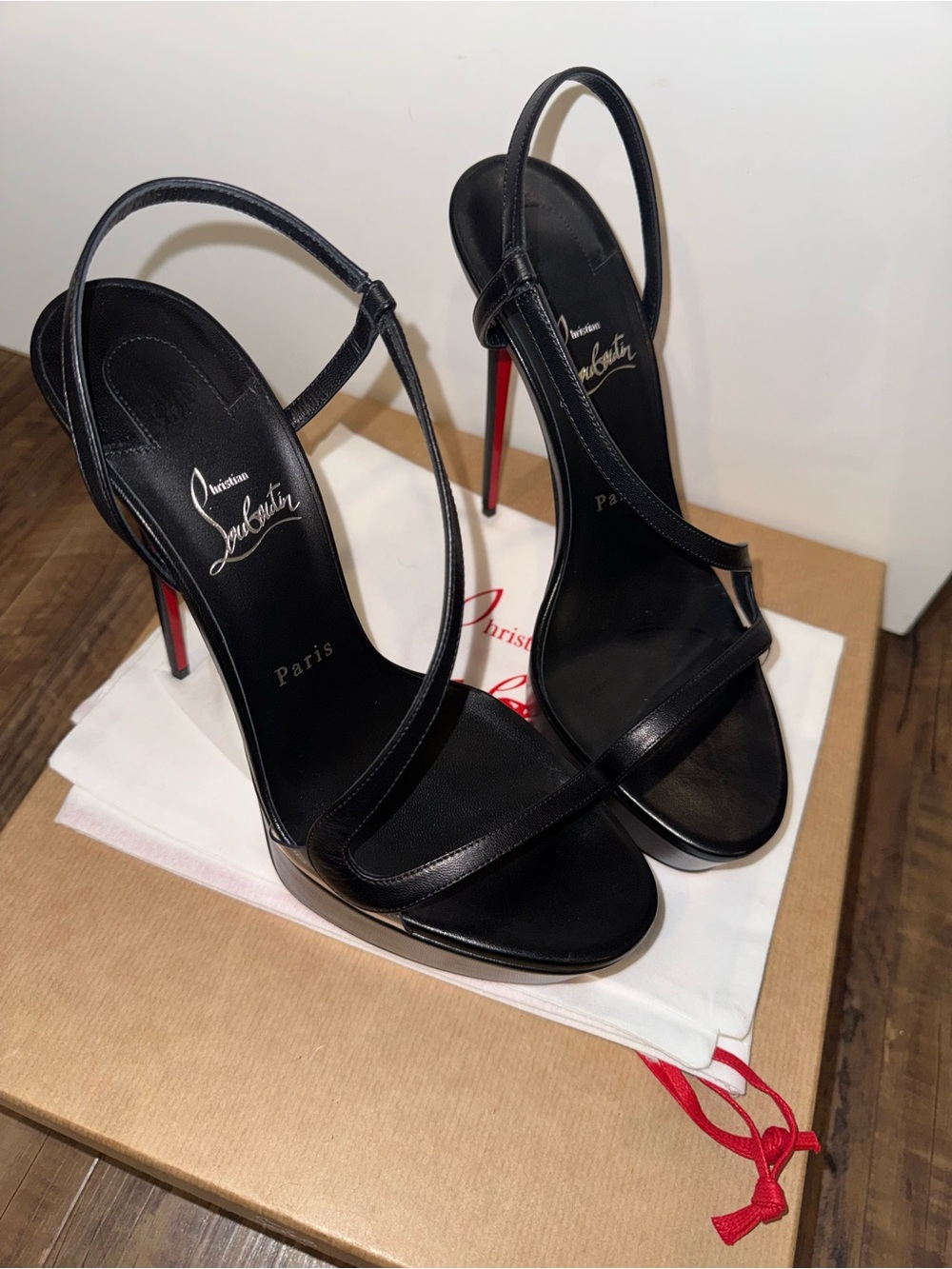 Christian Louboutin Black Leather Slingback Sandals with Red Stiletto Heel